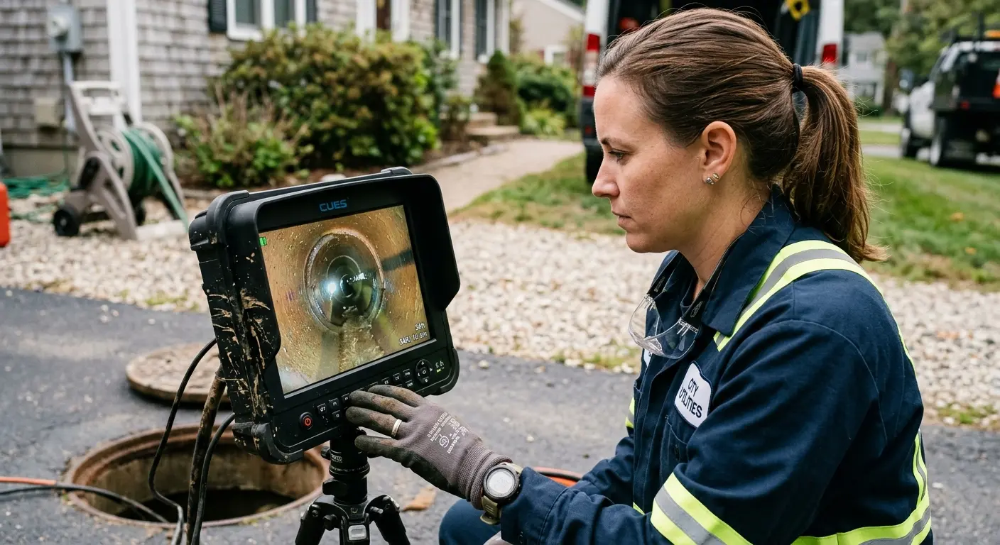 Technician reviewing sewer camera inspection footage in Norton