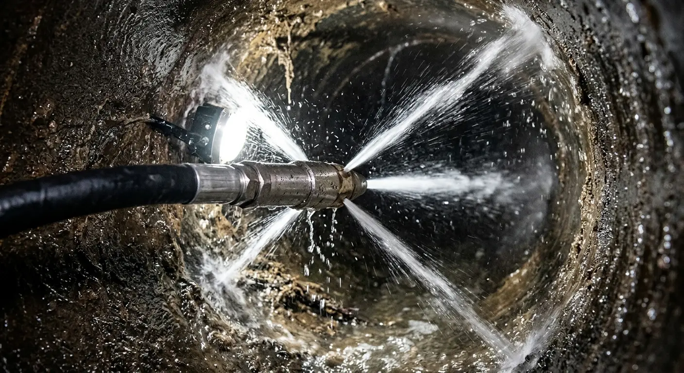 High-pressure hydro jetting nozzle cleaning sewer pipe for Sewer Cleanout in Norton
