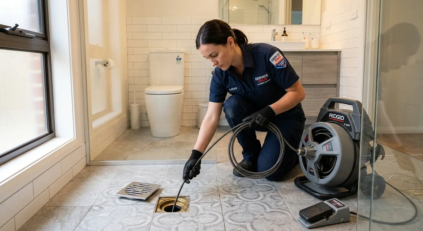 Technician clearing a bathroom floor drain for Hydro Jetting in Norton